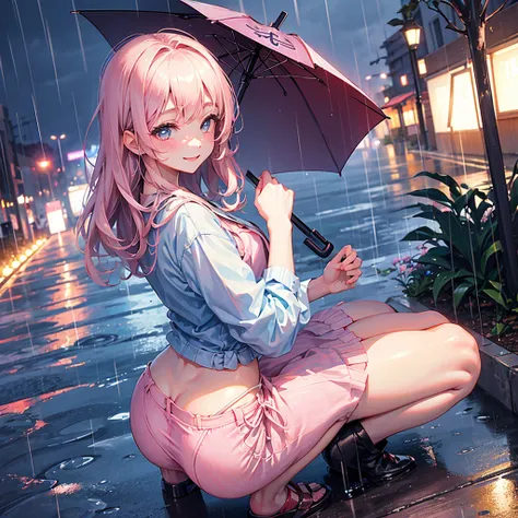 beautiful girl、((Accentuate your butt))、smile、((Holding an umbrella))、((Its raining))、Shibuya、squat