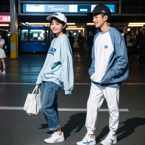 A young Asian man with short hair and an oval face, wearing a baseball cap and white sneakers, stands enjoying the evening scenery at a train station. He is accompanied by a chubby Asian woman wearing a hijab, long-sleeved white couple t-shirt, light blue ...