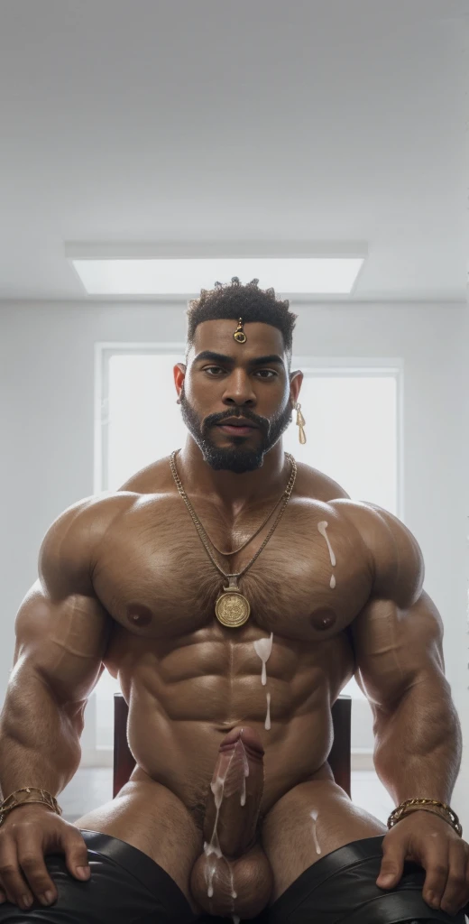 (masterpiece, intricately detailed, highest resolution, best quality:1.2),a cocky ((African American:1.2)), ((drug dealer:1.2)), a 23 y.o muscle stud with a muscular physique sitting on a chair completely covered with jewelry, ((big chain with a huge penda...