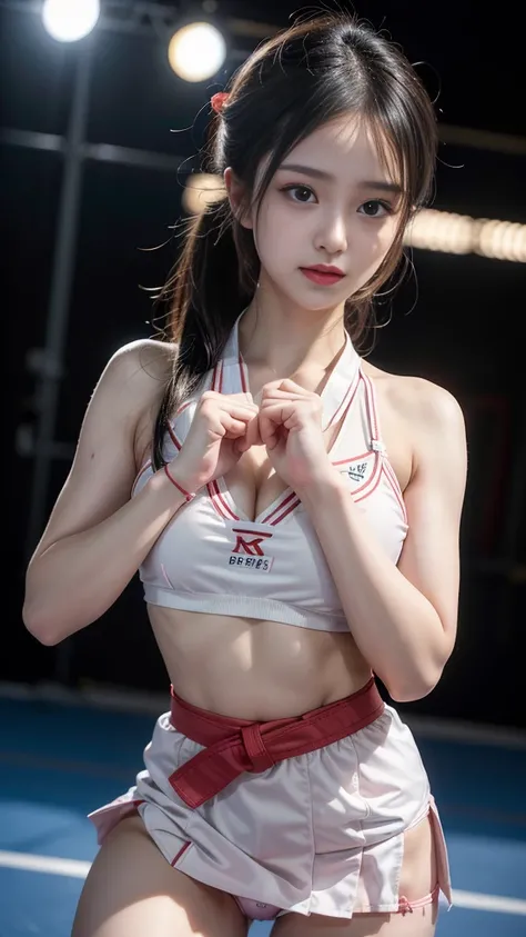 ((Karate Girl, Karate competition in the gymnasium ring)), (Cute school girl, Baby Face:1.4, Idol Face), (((Karate stance:1.3))), Slender body line, Small and slender figure, Beautiful breasts, ((Wearing a regular white karate uniform:1.3, Black belt)), ((...