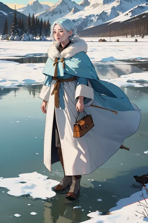 (masterpiece, highest quality), close up angle view cinematic Arctic tundra, and a line of villagers walking on thin frozen lake the villagers are wearing old courts and holding bags and the sun is reflecting on there face, 