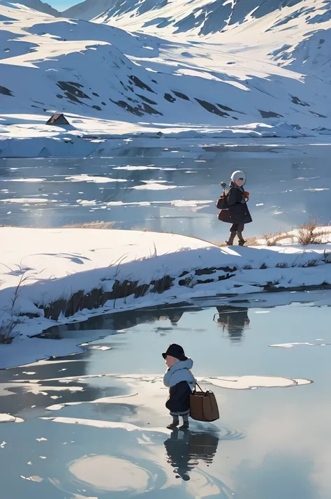 (masterpiece, highest quality), close up angle view cinematic Arctic tundra, and a line of villagers walking on thin frozen lake the villagers are wearing old courts and holding bags and the sun is reflecting on there face, 