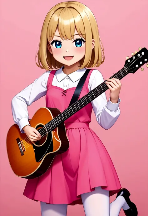 One 、2 year olds、guitar、Pink Dress、Cute blonde、infant、Kids Room、toy、stuffed toy、Pink Background、教育、Anime for children、可愛い2 year oldsがguitarを弾きながら歌っている、((３頭身のinfant:1.3))