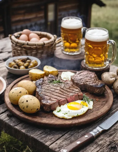 a grilled steak with eggs, potatoes and beer on a wooden table in front of a cabin, delicious food, 4k food photography, award winning food photo, professional food photography, realistic food picture, amazing food photography, super realistic food picture...