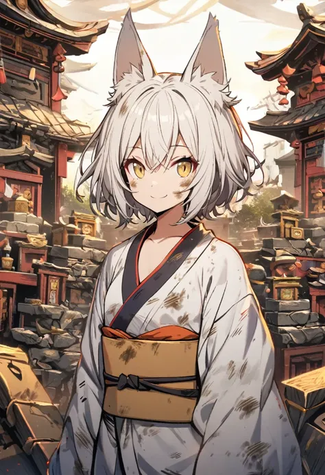 1girl,solo,short hair,dirty hair,white hair color,blonde eyes
color,fox ears,drooping eyes,dirty kimono,small breasts,short stature,looking at viewer,smile,Shrines in shambles,