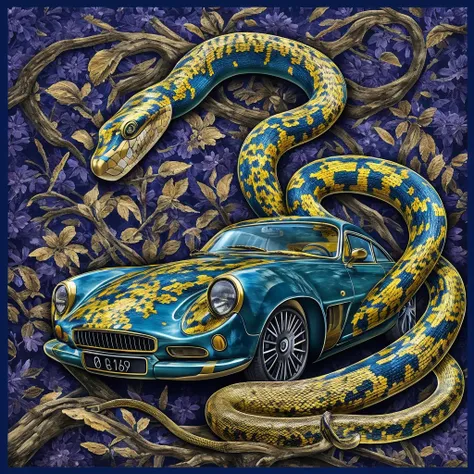 A highly detailed digital art illustration of a car, rendered in the style of an oil painting, with a dark pearly chromatic blue and light brown color palette, 32k ultra high definition resolution, featuring a snake, vibrant and exaggerated nature scenes, ...