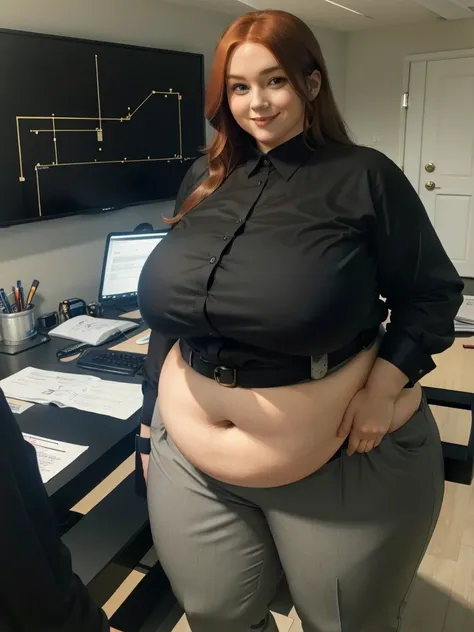 An happy and excited photo of a Beautiful ginger architect BBW, with long wavy light Brownish-ginger hair, with big soft fat belly, thicc fat arms, thicc wide legs, big breast, in black elegant pants, long black shirt tucked in her pants, black belt and bl...