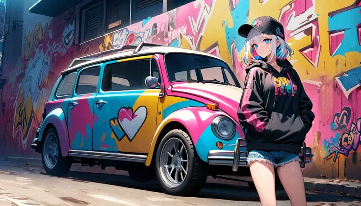 HD 8K Handsome cute, Solitary, 1 female, Medium Length Hair, white hair, Rainbow hair, blue Eyes, Rainbow headphone, hoodie, colored hoodie, black Trucker Hat, hip-hop style big hooded jacket, denim shorts, Human focus, Leaning against a Volkswagen car, ou...