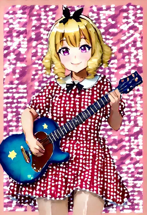 One 、2 year olds、guitar、Pink Dress、Cute blonde、infant、Kids Room、toy、stuffed toy、Pink Background、教育、Anime for children、可愛い2 year oldsがguitarを弾きながら歌っている、((３頭身のinfant:1.3))