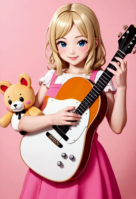 One 、2 year olds、guitar、Pink Dress、Cute blonde、infant、Kids Room、toy、stuffed toy、Pink Background、教育、Anime for children、可愛い2 year oldsがguitarを弾きながら歌っている、((３頭身のinfant:1.3))