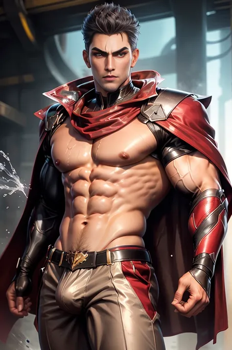 complex，masterpiece，best quality，Vivid colors，Ultra HD resolution，Shirtless，Wearing a cape，Naked upper body，For the audience，Oval face，Cold，brave，Sexy，Muscular，Crotch bulge、Expansion，Liquid gushing out of the crotch，Big nipples and milk spray，Put your hand...