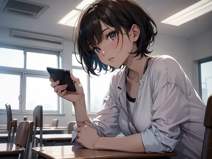 Masterpiece, best quality, 1 girl, short hair, holding a smartphone in hand, facing the screen towards the viewer, with a dignified expression, wearing a , in a classroom.