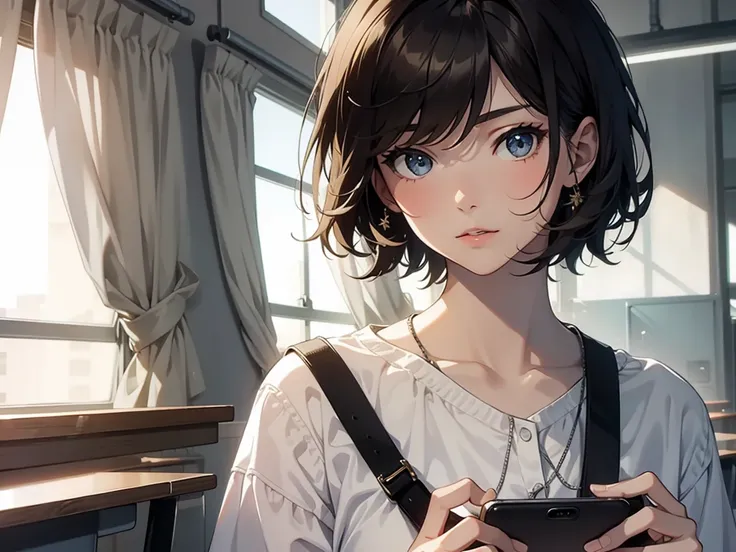 Masterpiece, best quality, 1 girl, short hair, holding a smartphone in hand, facing the screen towards the viewer, with a dignified expression, wearing a , in a classroom.