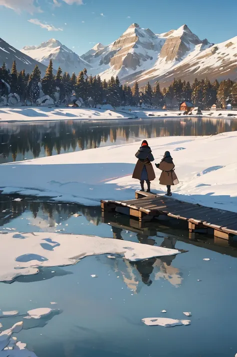 (masterpiece, highest quality), close up angle view cinematic Arctic tundra, and a line of a group of villagers walking on thin frozen lake the villagers are wearing old  medieval courts and holding wooden cargo and the sun is reflecting on there face, 