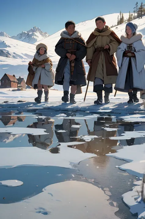 (masterpiece, highest quality), close up angle view cinematic Arctic tundra, and a line of a group of villagers walking on thin frozen lake the villagers are wearing old  medieval courts and holding wooden cargo and the sun is reflecting on there face, 