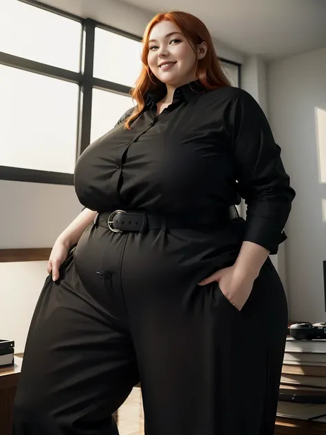 An happy and excited photo of a Beautiful ginger architect BBW, with long wavy light Brownish-ginger hair, with big soft fat belly, thicc fat arms, thicc wide legs, big breast, in black elegant pants, long black shirt tucked in her pants, black belt and bl...