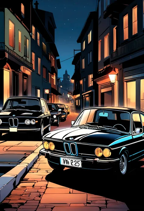 ((Sticker design)), Classic BMW Cars, Night Background,  5-layer color, Corner Street, Tambor Belek, present, Black car