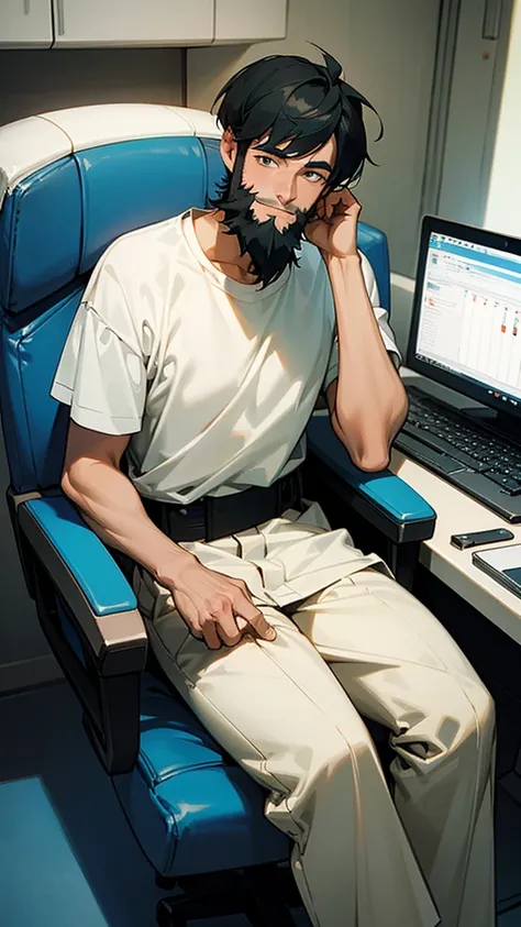 22 years older gentleman man 
wearing plane white T-shirt
blackhair military cutting hair
smiling 
anime image 
sitting on computer chair 
With beards 