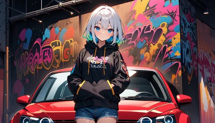 HD 8K Handsome cute, Solitary, 1 female, Medium Length Hair, white hair, Rainbow hair, blue Eyes, Rainbow headphone, hoodie, colored hoodie, black Trucker Hat, hip-hop style big hooded jacket, denim shorts, Human focus, Leaning against a HD 8K Volkswagen r...