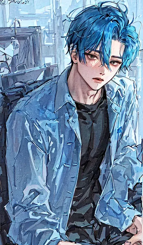 a close up of a person brushing their hair, teenage jughead jones, messy blue hair, eboy, with blue hair, masculine jawline, male ulzzang, masculine jawline!, male anime character, perfect face and boy, dylan kowalsk, twitter pfp, dye hair, dyed hair, sam,...