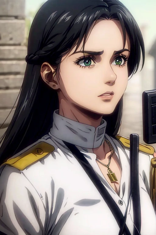 30 year old woman, long black hair, greeneyes, neutral expression, necklace on the neck, white military uniform, holding gun, li...