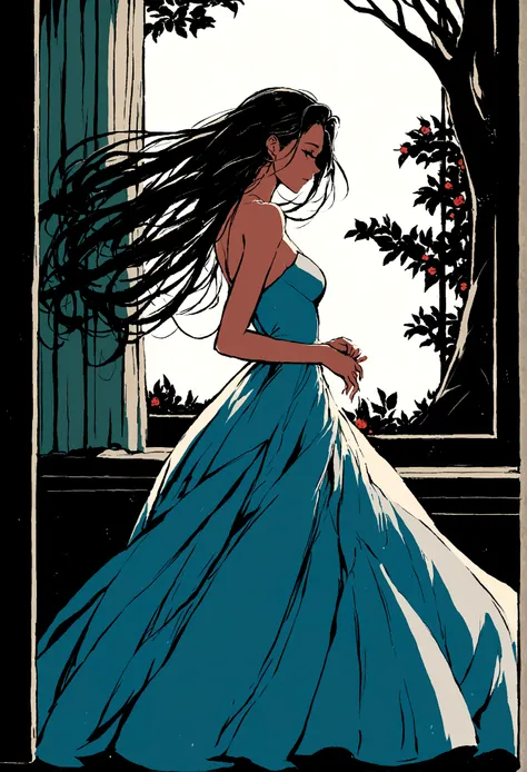 night，Street Lights，((White Camellia))，windowsill，Illustration style，Beautiful women，evening dress，A gentle breeze blows through the strands of hair,Tree Shadows