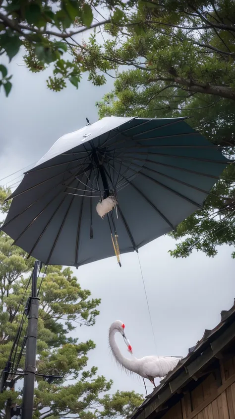 ((crane))、bird、Rainy Sky、1girl,from below