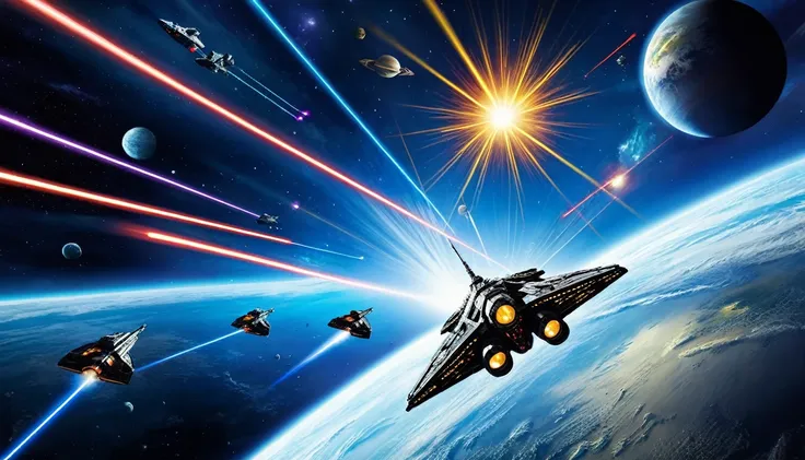 ((Top Quality)),((Masterpiece)), Space Wars, space fleet, laser beams, blast, planet, galaxy