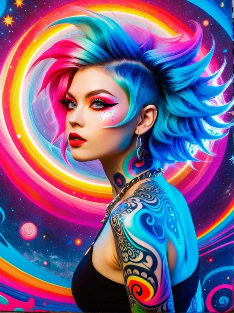 (masterpiece, top quality, best quality, official art, beautiful, cosmic, atmospheric, psychedelic, dreamlike and aesthetic, swirling psychedelic cosmic graffiti patterns:1.2), (1girl), extreme detailed,(fractal art:1.3),colorful,highest detailed, (Best Qu...