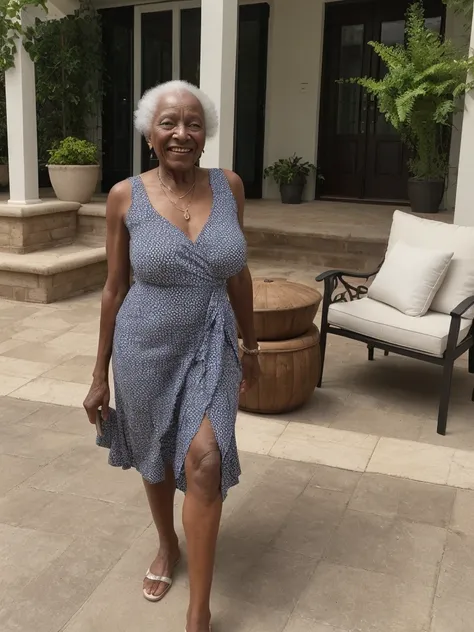 Androeda, solo, realistic, black girl, ((85-year-old girl)), ((mature)), ((old woman)), ((wrinkled woman)), african american young woman, young black woman, dark-skinned, (((upper body only))), ((patio)), taking a selfie, smiling, wearing wrap dress
