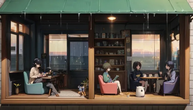 ((anime:1.4,figure)),(masterpiece, Highest quality, Highest quality),(Super detailed, The absolute solution),((16K, High resolution)), (((Cozy café interior, Wet day, Comfortable chair, Book, soft, Large window with raindrops, A steaming cup of tea or coff...