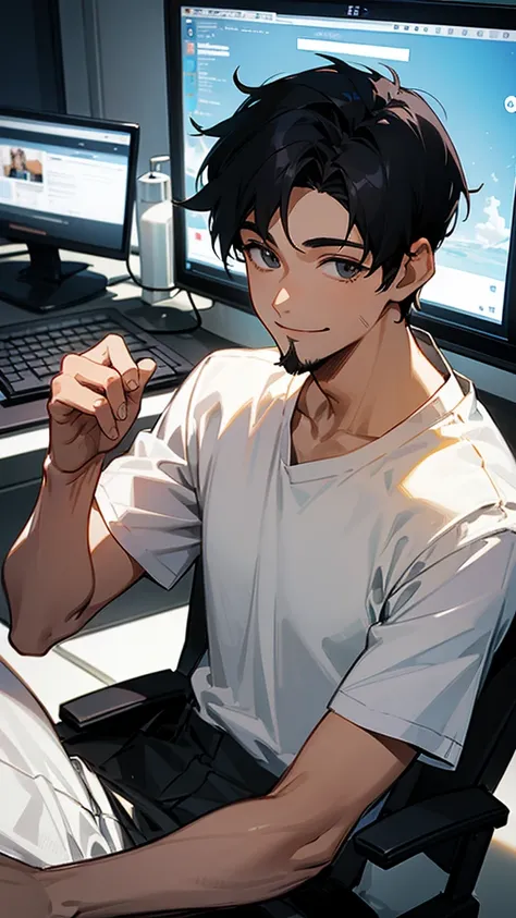 22 years older gentleman man 
wearing plane white T-shirt
blackhair military cutting hair
smiling 
anime image 
sitting on computer chair 
With small beards 
Seeing of front