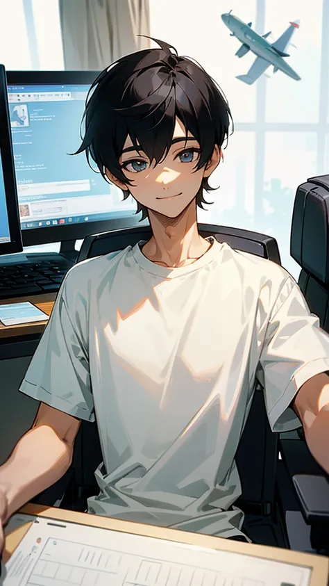 22 years older gentleman man 
wearing plane white T-shirt
blackhair military cutting hair
smiling 
anime image 
sitting on computer chair 
With small beards 
Seeing of front