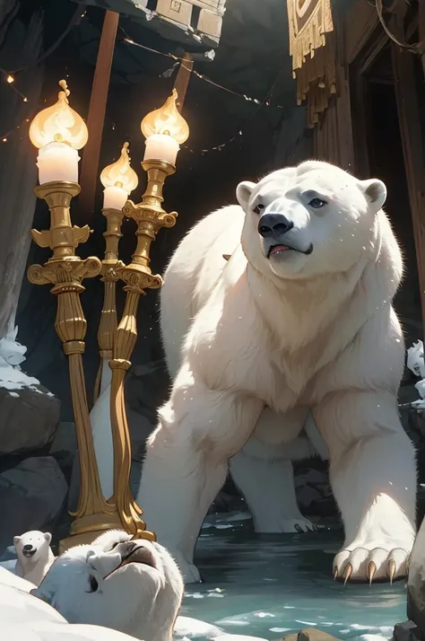 (masterpiece, highest quality), close up angle view cinematic, inside a large old temple inside a cave is a giant polar bear and the tiny villagers holding torches look up with fear