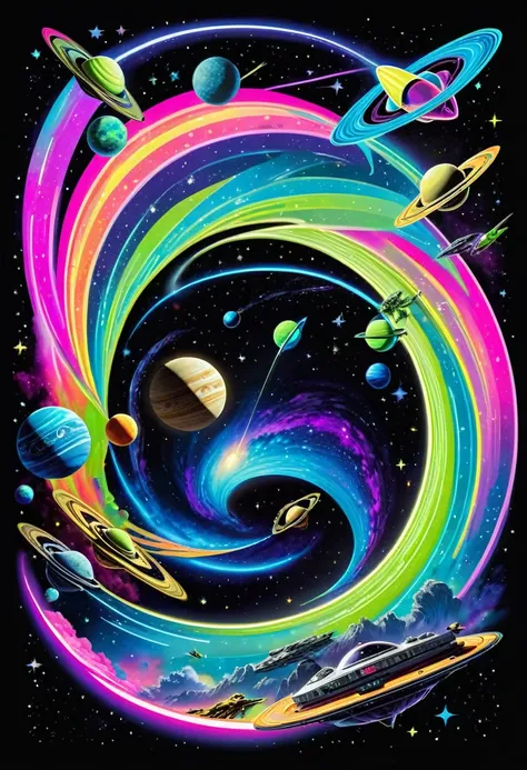 **photo-style collage depicting iconic Highlights and scenes from a Spinning Spiral Galaxy and a Alien Sideview Profile and Alien Planets and Shooting Stars and Galaxy Alien Rangers and Astronauts and Spaceships, arranged inside the Neon bold letters of th...