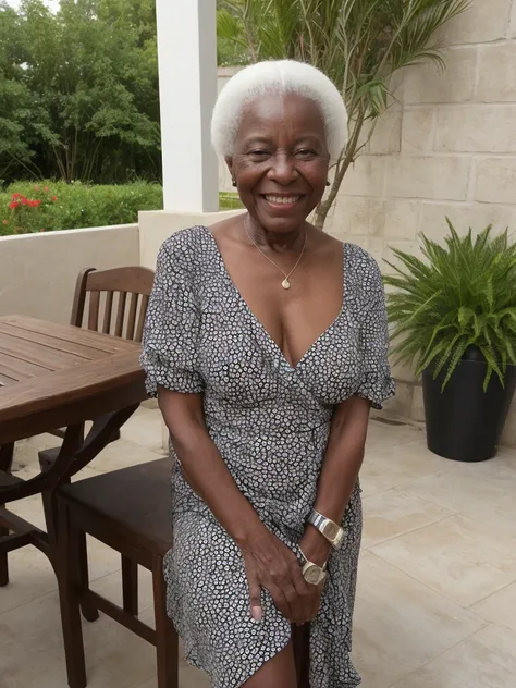 Androeda, solo, realistic, black girl, ((85-year-old girl)), ((mature)), ((old woman)), ((wrinkled woman)), african american young woman, young black woman, dark-skinned, (((upper body only))), ((patio)), taking a selfie, smiling, wearing wrap dress, white...