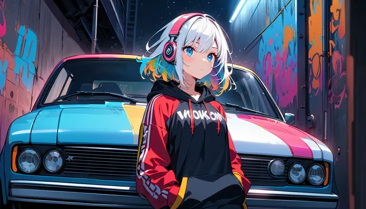 HD 8K Handsome cute, Solitary, 1 female, Medium Length Hair, white hair, Rainbow hair, blue Eyes, looking away, Rainbow headphone, hoodie, colored hoodie, black Trucker Hat, hip-hop style big hooded jacket, denim shorts, Human focus, Leaning against a HD 8...