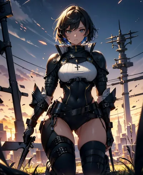 Highest quality，masterpiece，The ultimate solution，Fluff，very colorful，colorful，Female Fighter，（Kneeling pose）（Pointing at you with my ass）Mature Woman，Black super short hair，Tight combat uniform，Tight Suit，Steel City Background，night，Normal posture，Normal ...