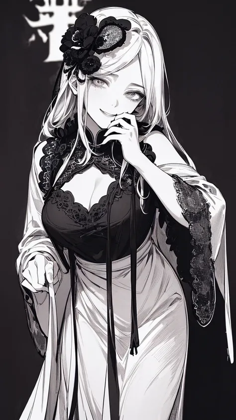 Highest quality, (Background details), High Contrast, Very beautiful woman, Detailed original illustrations、functional、Priest、White Robe、Si Jiaoguan、Delicate face、Charm、Villainess、sexy、Real breasts、Crazy Smile, Crazy Eyes,  Black background, (Black backgro...