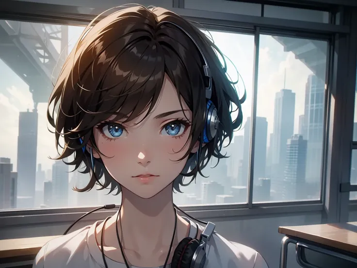 Masterpiece, best quality, 1 girl, short hair, wearing headphones, holding a smartphone and showing the screen towards the viewer, with a dignified expression, wearing a , in a classroom.