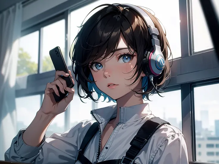 Masterpiece, best quality, 1 girl, short hair, wearing headphones, holding a smartphone and showing the screen towards the viewer, with a dignified expression, wearing a , in a classroom.