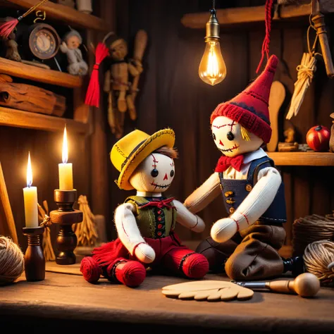 (knitted toy voodoo doll:1.7), (Voodoo Pinocchio:1.3), (Clothing: classic lederhosen outfit with yellow hat and red feather:1.0), (Accessories: enchanted puppet strings emitting a magical glow, floating wooden tools:1.1), (background: cozy woodcarvers work...