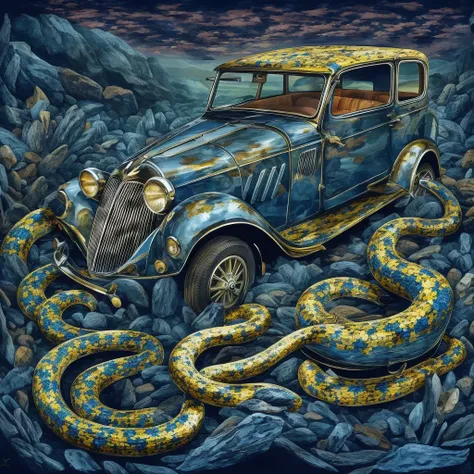 a highly detailed digital art illustration of a car, rendered in the style of an oil painting, with a dark pearly chromatic blue...