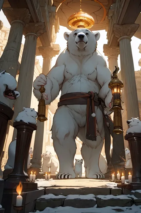 (masterpiece, highest quality), low angle view cinematic, inside a large old temple inside a cave is a giant 8 feet tall polar bear, the group of villagers holding torches look at the bear