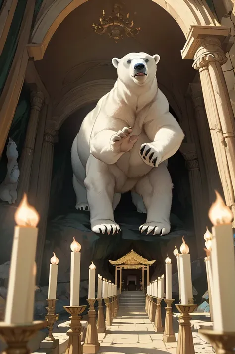 (masterpiece, highest quality), low angle view cinematic, inside a large old temple inside a cave is a giant 8 feet tall polar bear, the group of villagers holding torches look at the bear