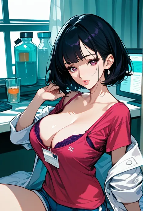 mature woman, mature face, hot face, glossy lips, (black hair, short hair, hime bangs), mature body, big breast, loose t-shirt, magenta t-shirt, visible bra under shirt, lab coat, hotpants, lab