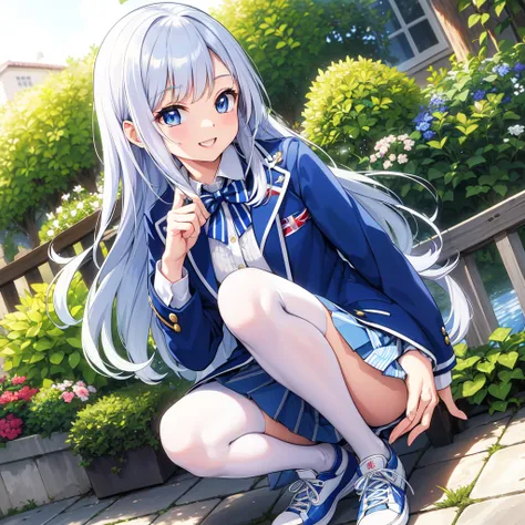 (masterpiece, Highest quality, Super detailed, beautiful detailed shiny blue eyes),Karen Kujo,Union Jack Jacket, Striped ribbon, White shirt, Long sleeve, Pleated skirt, Blue Skirt, Knee-high, sneakers,garden,Active Pause,Elevation,An angelic smile,;d