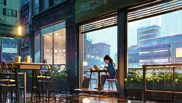 An illustration of a girl studying in an anime-style urban cafe. She sits by the window, concentrating on reading a book while feeling the hustle and bustle of the city outside. Her expression is focused, but also reflects a certain loneliness. The interio...