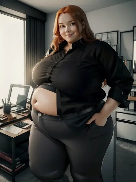 An happy and excited photo of a Beautiful ginger architect BBW, with long wavy light Brownish-ginger hair, with big soft fat belly, thicc fat arms, thicc wide legs, big breast, in black pants, long black shirt tucked in her pants, black belt and black blou...