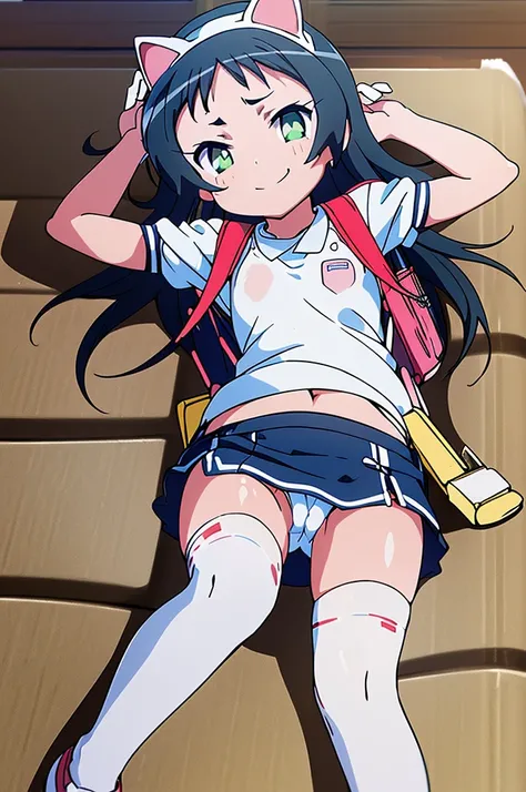 masterpiece, ultra quality, ultra sharp, ultra detailed, 1girl, solo, (((good anatomy))), haduki kurumi, (tattered torn dripping wet white gym shirt), navy gym pants, animal ears, randoseru, name tag, Japanese anime pose, laugh, BurumaShorts, Buruma, Gym U...